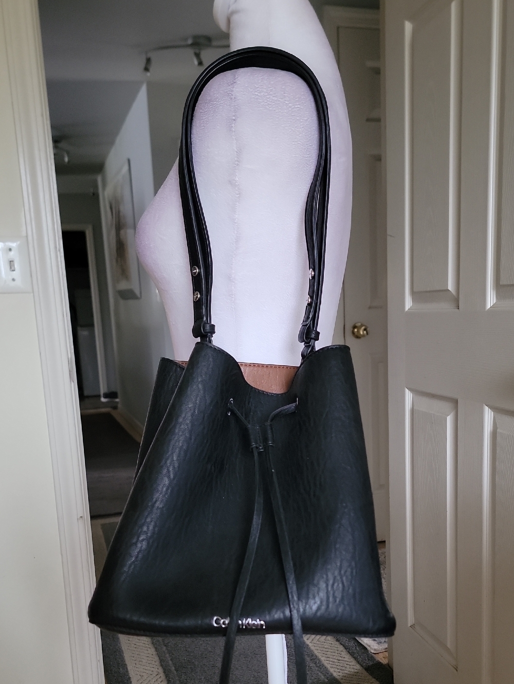 Calvin Klein Black Leather Strap Tote Novelty Bucket Bag